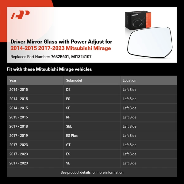 Driver Mirror Glass with Power Adjust for 2014-2015 2017-2023 Mitsubishi Mirage