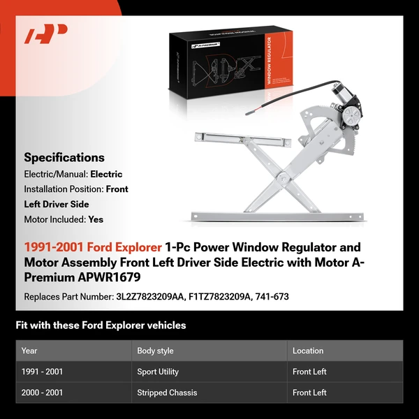 1991-2001 Ford Explorer 1-Pc Power Window Regulator and Motor Assembly Front Left Driver Side Electric with Motor A-Premium APWR1679