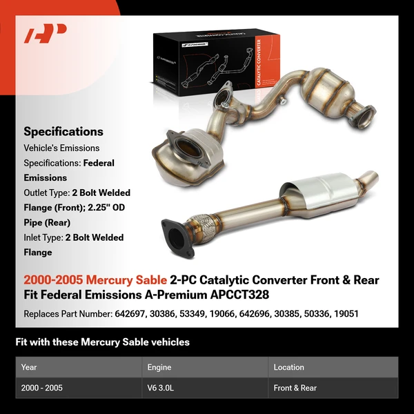 2000-2005 Mercury Sable 2-PC Catalytic Converter Front & Rear Fit Federal Emissions A-Premium APCCT328
