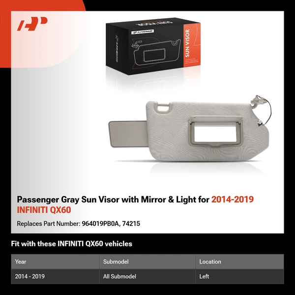 Passenger Gray Sun Visor with Mirror & Light for 2014-2019 INFINITI QX60