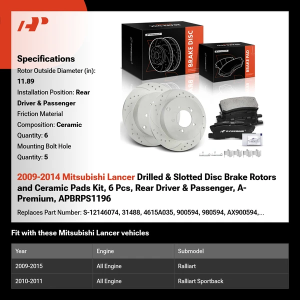 2009-2014 Mitsubishi Lancer Drilled & Slotted Disc Brake Rotors and Ceramic Pads Kit, 6 Pcs, Rear Driver & Passenger, A-Premium, APBRPS1196