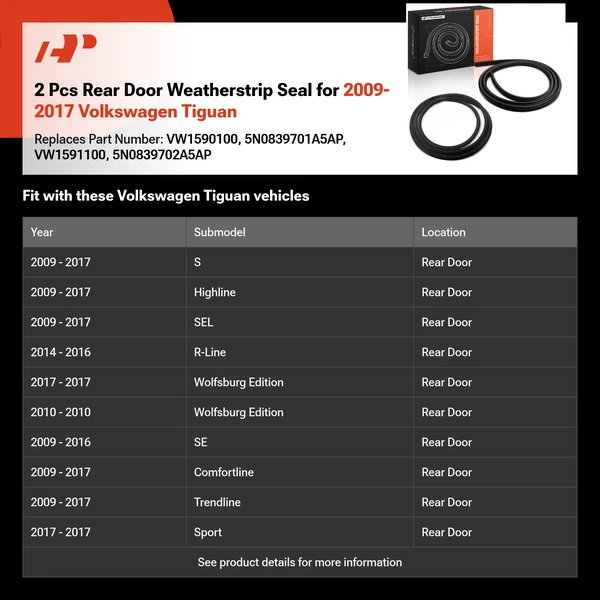 2 Pcs Rear Door Weatherstrip Seal for 2009-2017 Volkswagen Tiguan