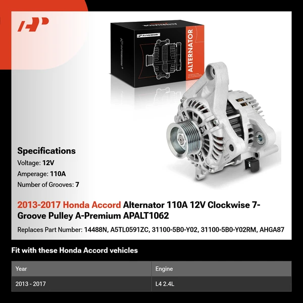 2013-2017 Honda Accord Alternator 110A 12V Clockwise 7-Groove Pulley A-Premium APALT1062