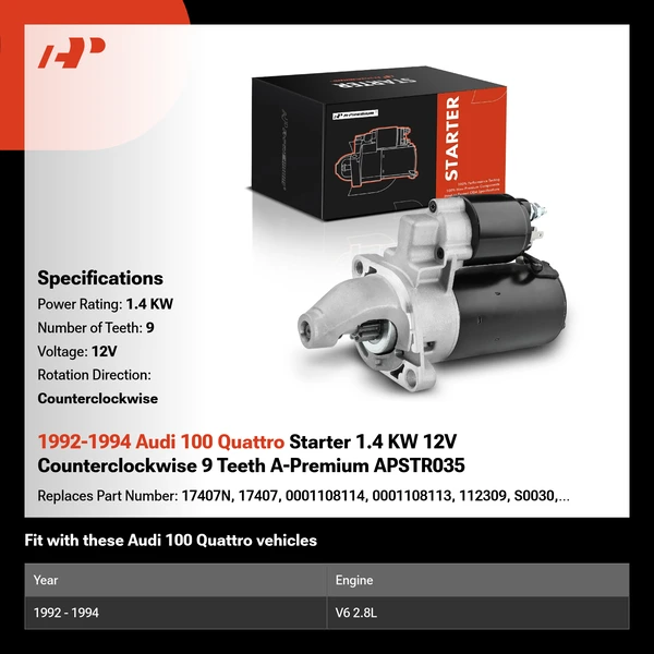 1992-1994 Audi 100 Quattro Starter 1.4 KW 12V Counterclockwise 9 Teeth A-Premium APSTR035