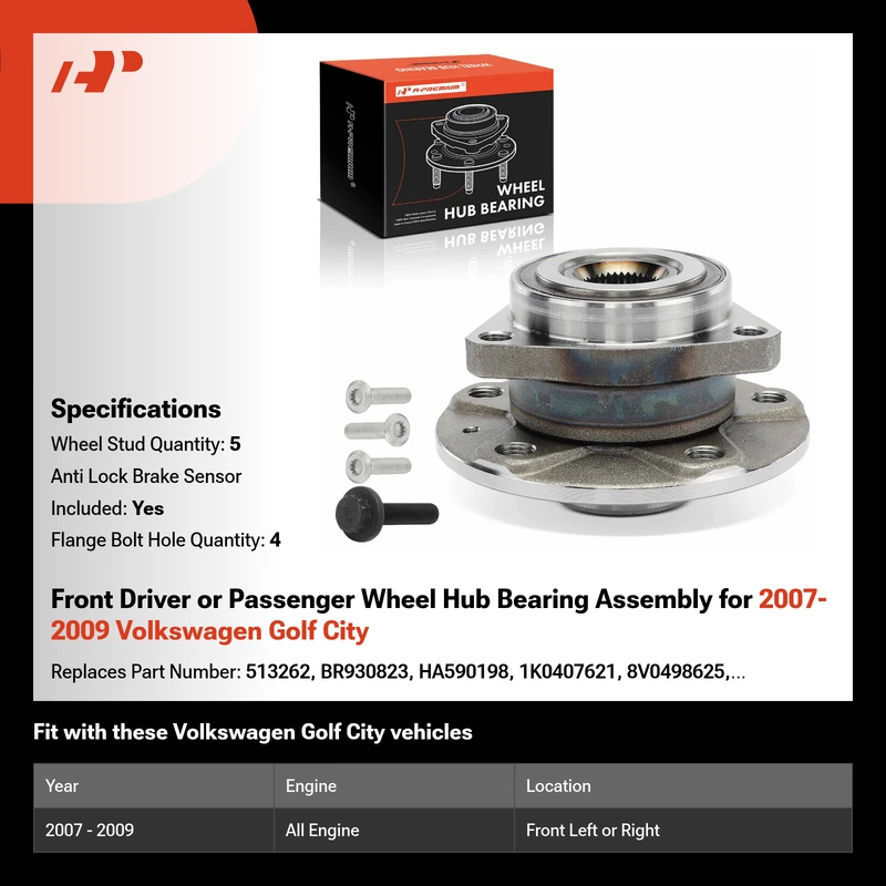 Front Driver or Passenger Wheel Hub Bearing Assembly for 2007-2009 Volkswagen Golf City