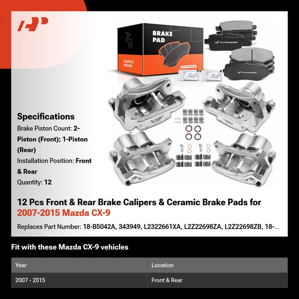 12 Pcs Front & Rear Brake Calipers & Ceramic Brake Pads for 2007-2015 Mazda CX-9