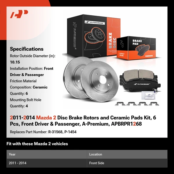 2011-2014 Mazda 2 Disc Brake Rotors and Ceramic Pads Kit, 6 Pcs, Front Driver & Passenger, A-Premium, APBRPR1268