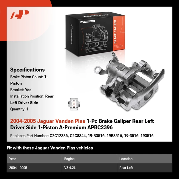 2004-2005 Jaguar Vanden Plas 1-Pc Brake Caliper Rear Left Driver Side 1-Piston A-Premium APBC2396