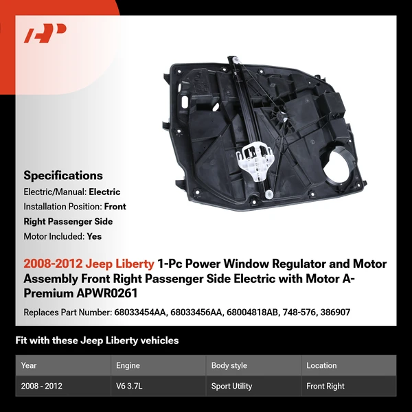 2008-2012 Jeep Liberty 1-Pc Power Window Regulator and Motor Assembly Front Right Passenger Side Electric with Motor A-Premium APWR0261