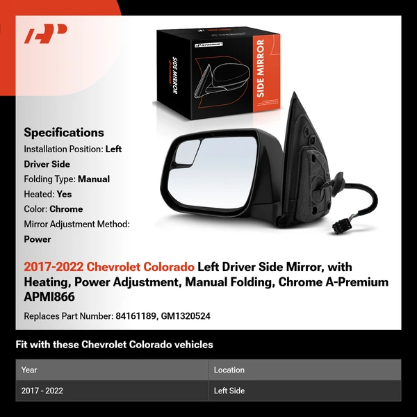 2017-2022 Chevrolet Colorado Left Driver Side Mirror, with Heating, Power Adjustment, Manual Folding, Chrome A-Premium APMI866