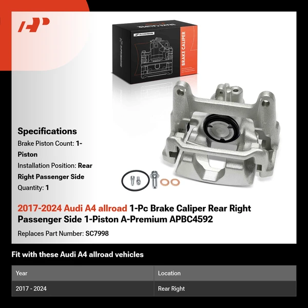2017-2024 Audi A4 allroad 1-Pc Brake Caliper Rear Right Passenger Side 1-Piston A-Premium APBC4592