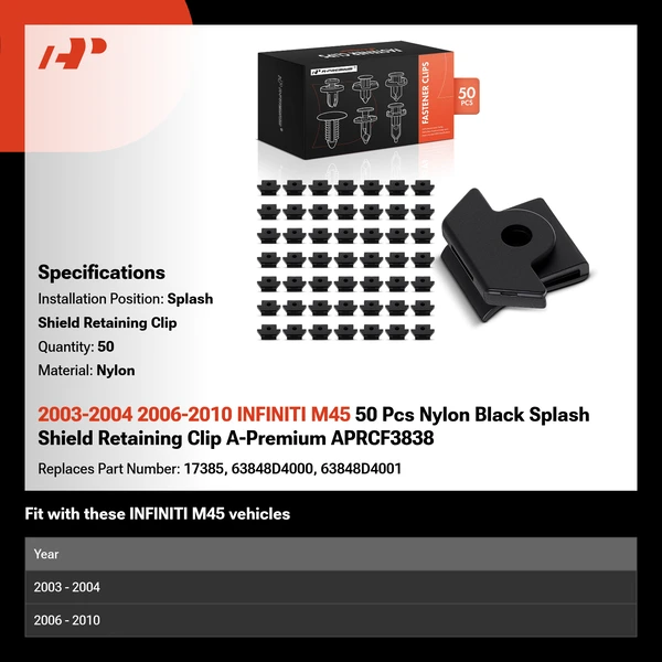 2003-2004 2006-2010 INFINITI M45 50 Pcs Nylon Black Splash Shield Retaining Clip A-Premium APRCF3838