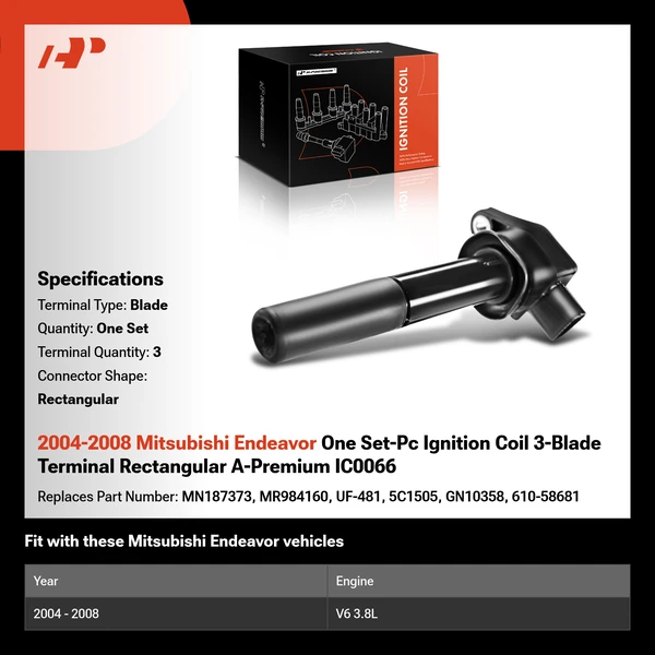 2004-2008 Mitsubishi Endeavor One Set-Pc Ignition Coil 3-Blade Terminal Rectangular A-Premium IC0066