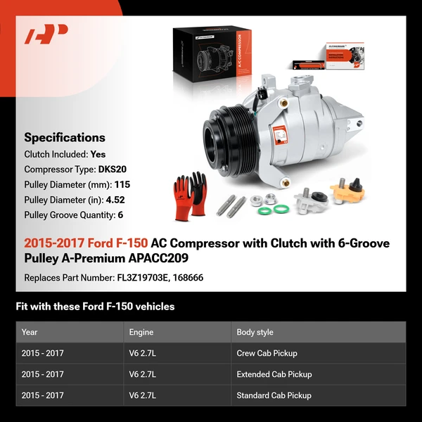 2015-2017 Ford F-150 AC Compressor with Clutch with 6-Groove Pulley A-Premium APACC209