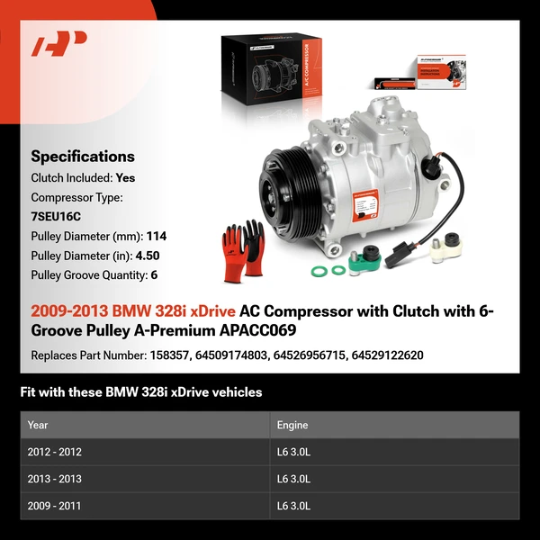 2009-2013 BMW 328i xDrive AC Compressor with Clutch with 6-Groove Pulley A-Premium APACC069