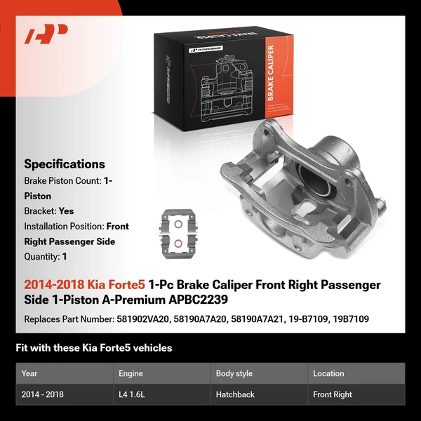 2014-2018 Kia Forte5 1-Pc Brake Caliper Front Right Passenger Side 1-Piston A-Premium APBC2239
