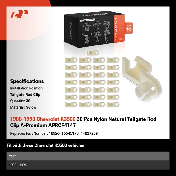 1988-1998 Chevrolet K3500 30 Pcs Nylon Natural Tailgate Rod Clip A-Premium APRCF4147