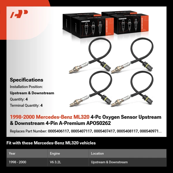 1998-2000 Mercedes-Benz ML320 4-Pc Oxygen Sensor Upstream & Downstream 4-Pin A-Premium APOS0262