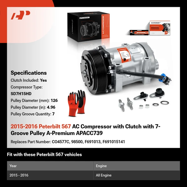2015-2016 Peterbilt 567 AC Compressor with Clutch with 7-Groove Pulley A-Premium APACC739