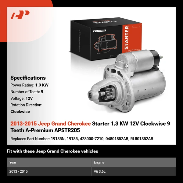 2013-2015 Jeep Grand Cherokee Starter 1.3 KW 12V Clockwise 9 Teeth A-Premium APSTR205