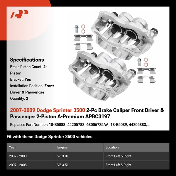 2007-2009 Dodge Sprinter 3500 2-Pc Brake Caliper Front Driver & Passenger 2-Piston A-Premium APBC3197