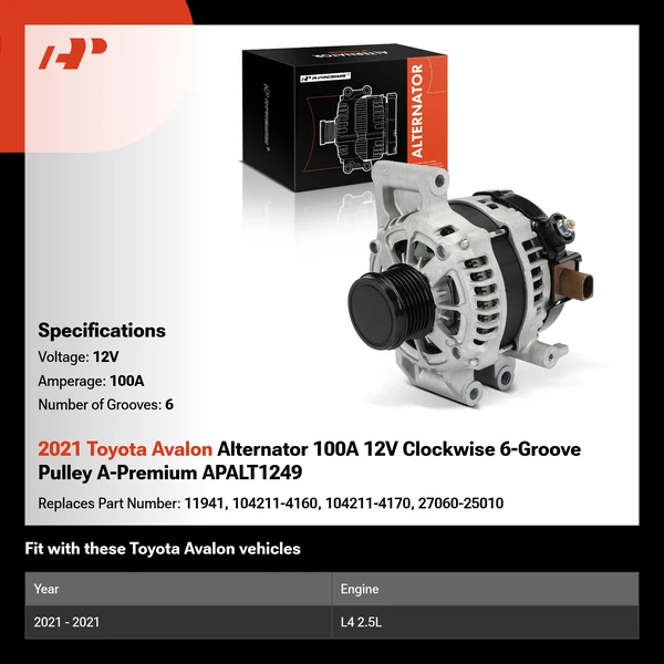 2021 Toyota Avalon Alternator 100A 12V Clockwise 6-Groove Pulley A-Premium APALT1249