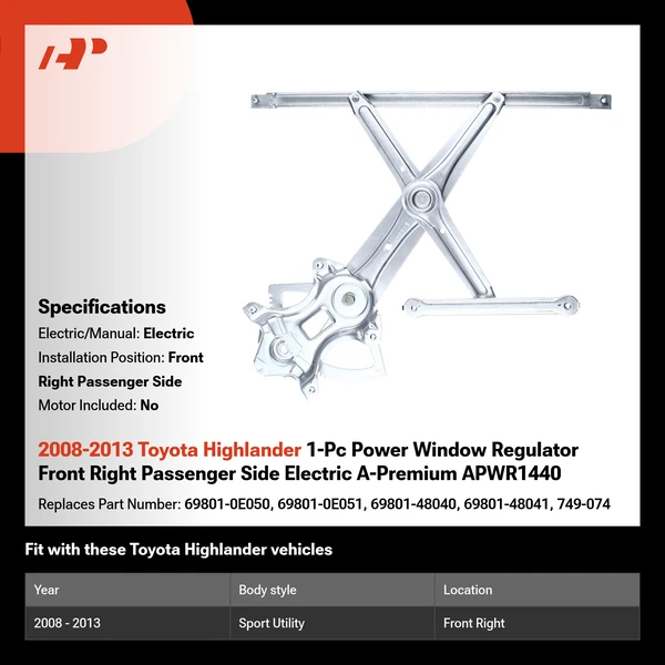 2008-2013 Toyota Highlander 1-Pc Power Window Regulator Front Right Passenger Side Electric A-Premium APWR1440