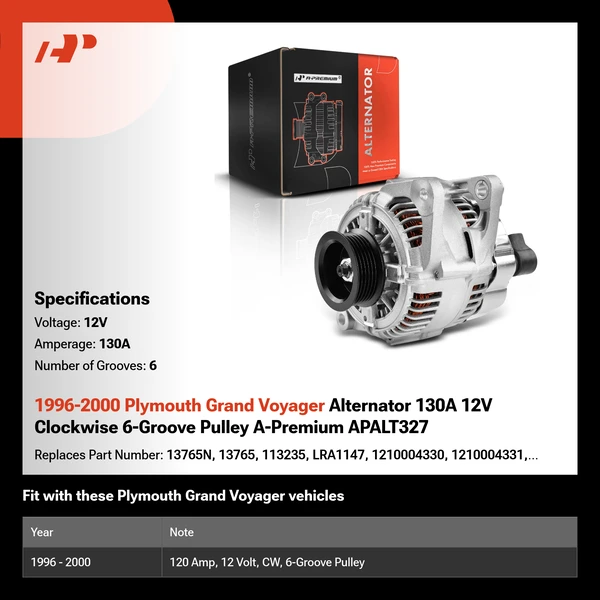 1996-2000 Plymouth Grand Voyager Alternator 130A 12V Clockwise 6-Groove Pulley A-Premium APALT327