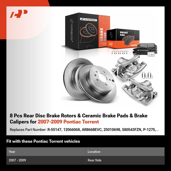 8 Pcs Rear Disc Brake Rotors & Ceramic Brake Pads & Brake Calipers for 2007-2009 Pontiac Torrent