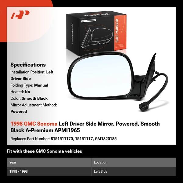 1998 GMC Sonoma Left Driver Side Mirror, Powered, Smooth Black A-Premium APMI1965