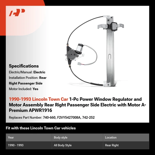 1990-1993 Lincoln Town Car 1-Pc Power Window Regulator and Motor Assembly Rear Right Passenger Side Electric with Motor A-Premium APWR1916