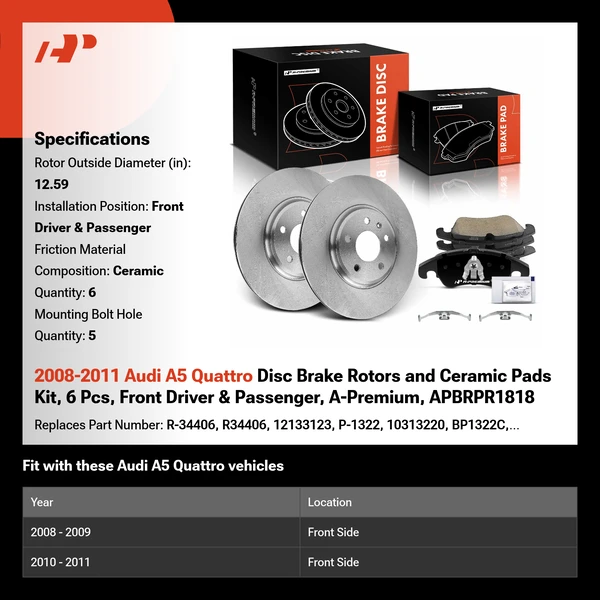 2008-2011 Audi A5 Quattro Disc Brake Rotors and Ceramic Pads Kit, 6 Pcs, Front Driver & Passenger, A-Premium, APBRPR1818
