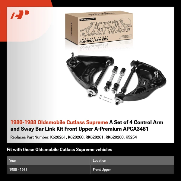 1980-1988 Oldsmobile Cutlass Supreme A Set of 4 Control Arm and Sway Bar Link Kit Front Upper A-Premium APCA3481