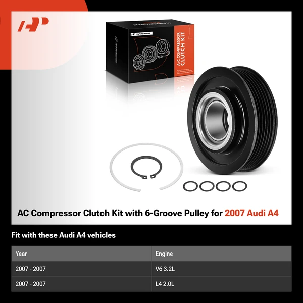AC Compressor Clutch Kit with 6-Groove Pulley for 2007 Audi A4