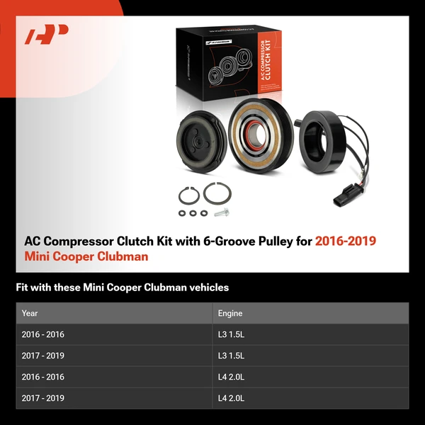 AC Compressor Clutch Kit with 6-Groove Pulley for 2016-2019 Mini Cooper Clubman
