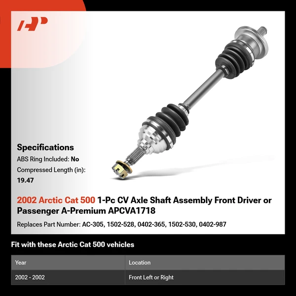 2002 Arctic Cat 500 1-Pc CV Axle Shaft Assembly Front Driver or Passenger A-Premium APCVA1718