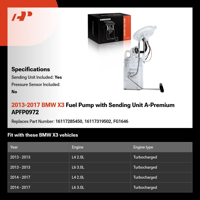 2013-2017 BMW X3 Fuel Pump with Sending Unit A-Premium APFP0972