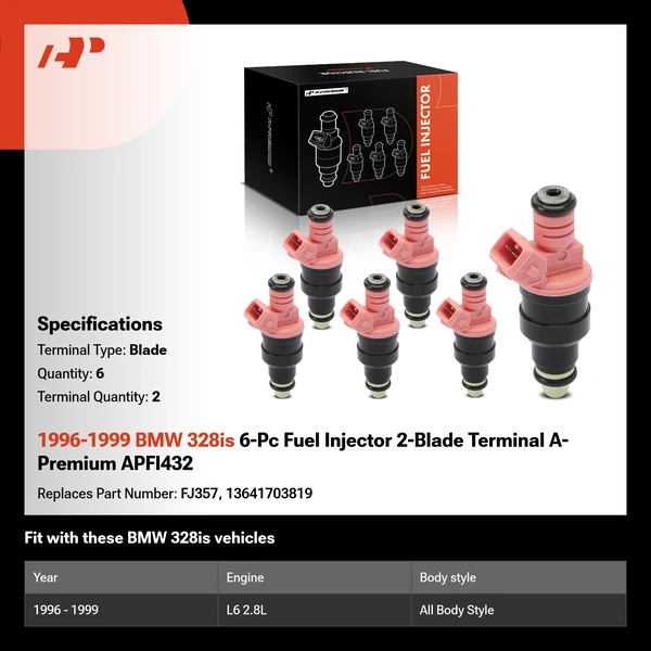 1996-1999 BMW 328is 6-Pc Fuel Injector 2-Blade Terminal A-Premium APFI432