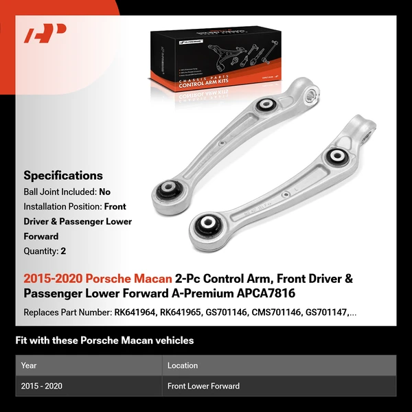 2015-2020 Porsche Macan 2-Pc Control Arm, Front Driver & Passenger Lower Forward A-Premium APCA7816