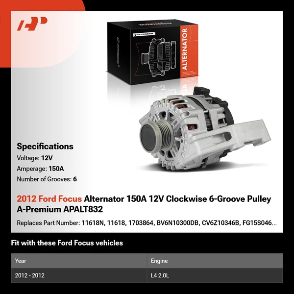 2012 Ford Focus Alternator 150A 12V Clockwise 6-Groove Pulley A-Premium APALT832