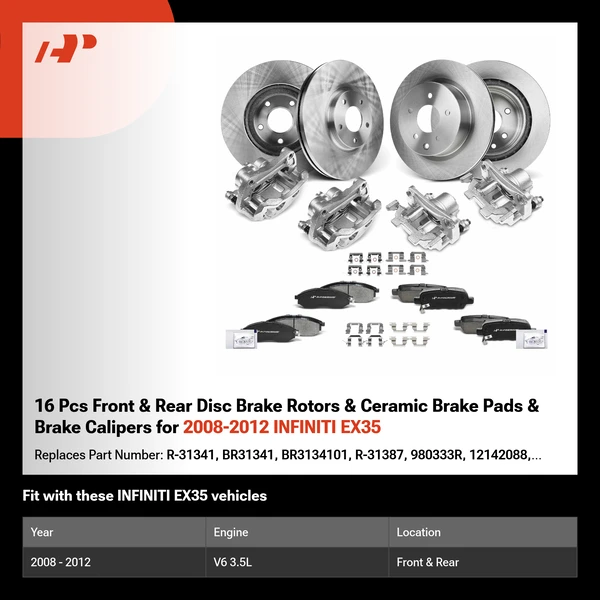 16 Pcs Front & Rear Disc Brake Rotors & Ceramic Brake Pads & Brake Calipers for 2008-2012 INFINITI EX35