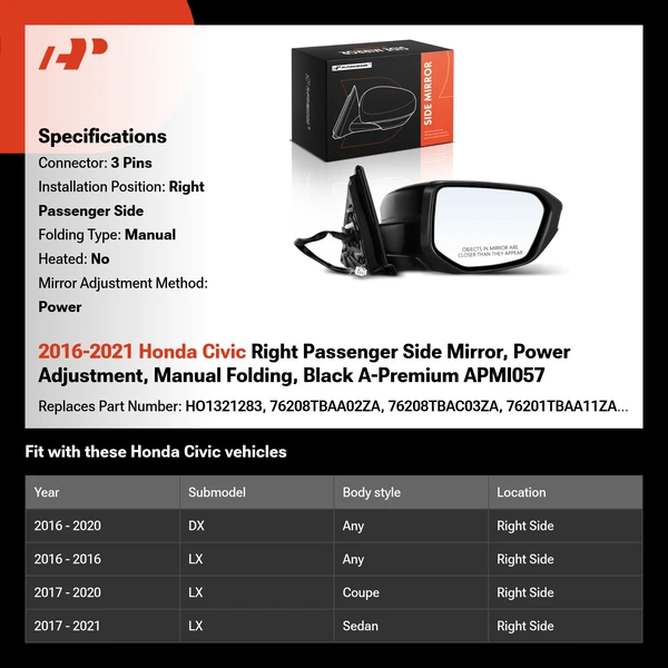 2016-2021 Honda Civic Right Passenger Side Mirror, Power Adjustment, Manual Folding, Black A-Premium APMI057