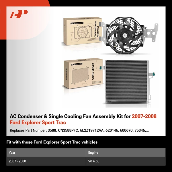 AC Condenser & Single Cooling Fan Assembly Kit for 2007-2008 Ford Explorer Sport Trac