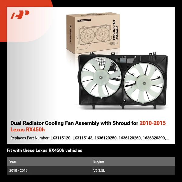 Dual Radiator Cooling Fan Assembly with Shroud for 2010-2015 Lexus RX450h