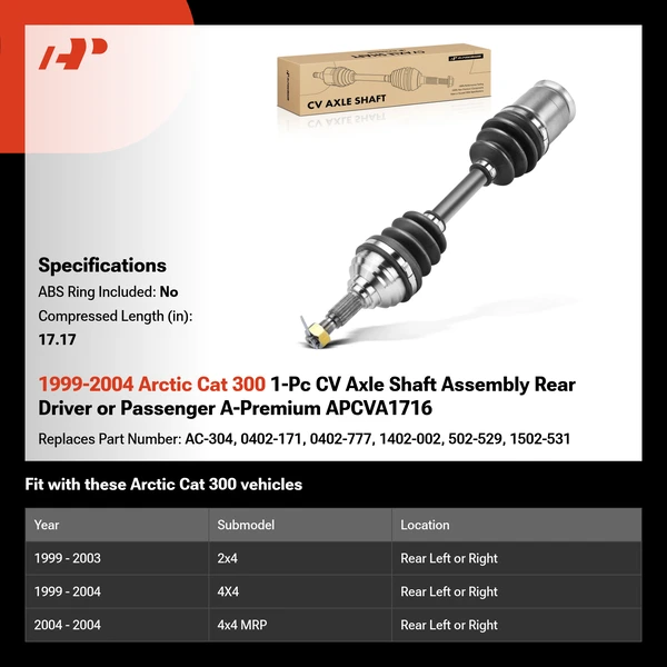 1999-2004 Arctic Cat 300 1-Pc CV Axle Shaft Assembly Rear Driver or Passenger A-Premium APCVA1716