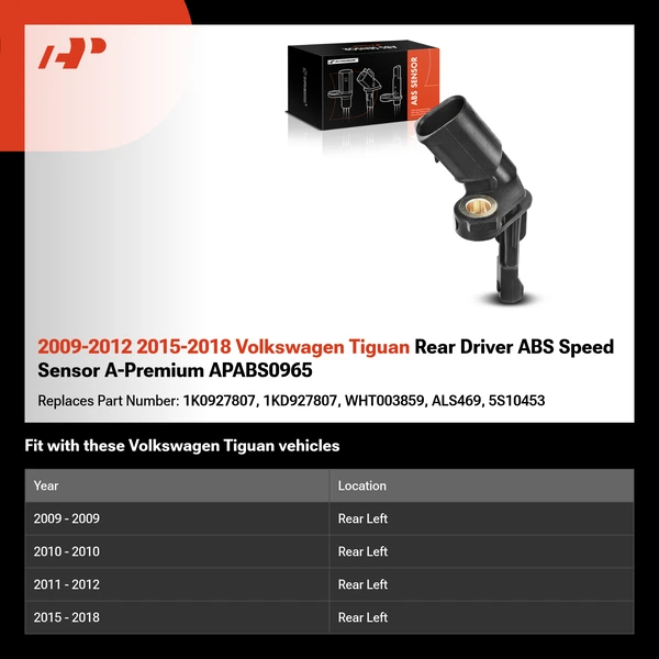 2009-2012 2015-2018 Volkswagen Tiguan Rear Driver ABS Speed Sensor A-Premium APABS0965