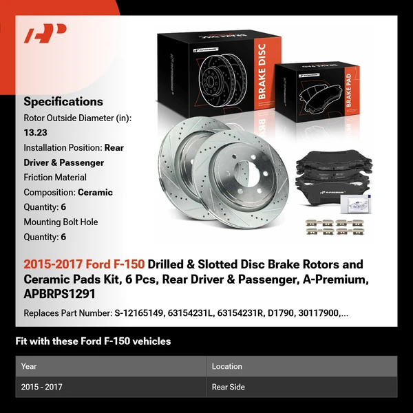 2015-2017 Ford F-150 Drilled & Slotted Disc Brake Rotors and Ceramic Pads Kit, 6 Pcs, Rear Driver & Passenger, A-Premium, APBRPS1291