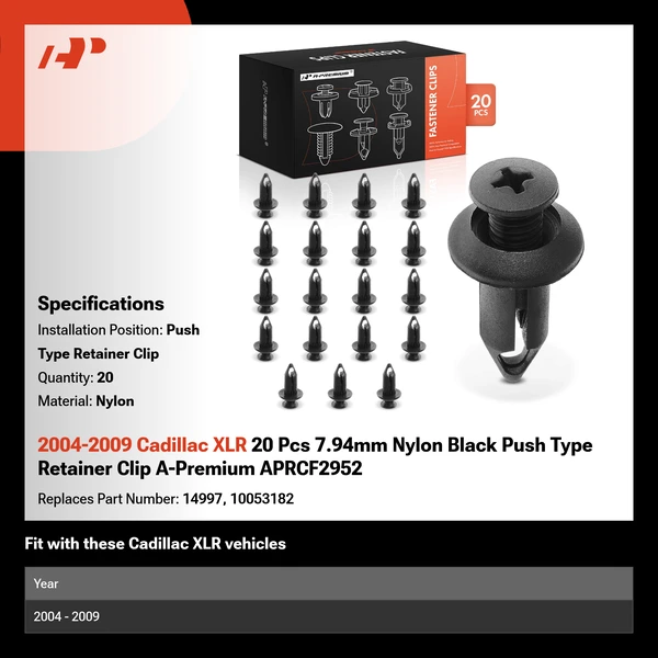 2004-2009 Cadillac XLR 20 Pcs 7.94mm Nylon Black Push Type Retainer Clip A-Premium APRCF2952
