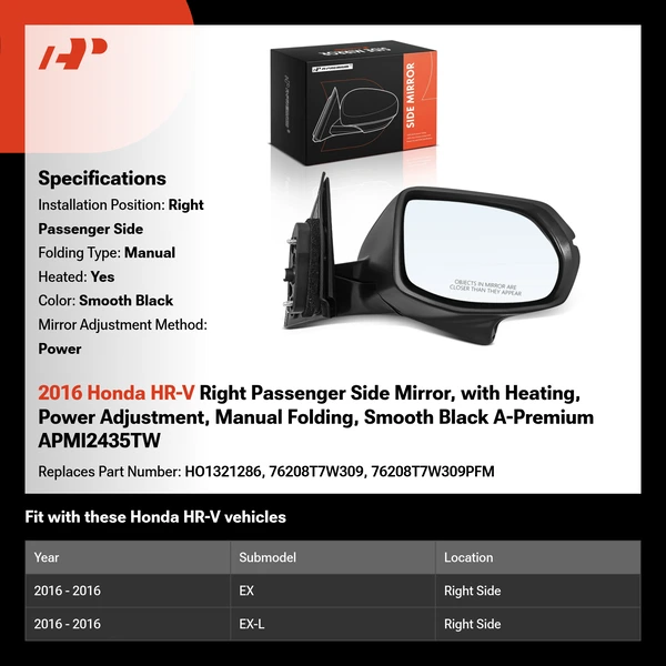 2016 Honda HR-V Right Passenger Side Mirror, with Heating, Power Adjustment, Manual Folding, Smooth Black A-Premium APMI2435TW