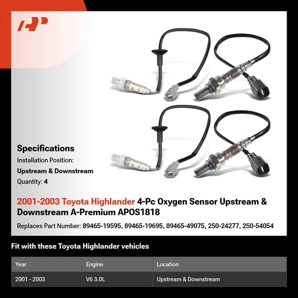 2001-2003 Toyota Highlander 4-Pc Oxygen Sensor Upstream & Downstream A-Premium APOS1818